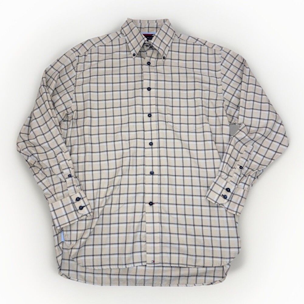 Tommy Hilfiger Men's M Long Sleeve Beige Button Down Relaxed Fit Soft Cotton